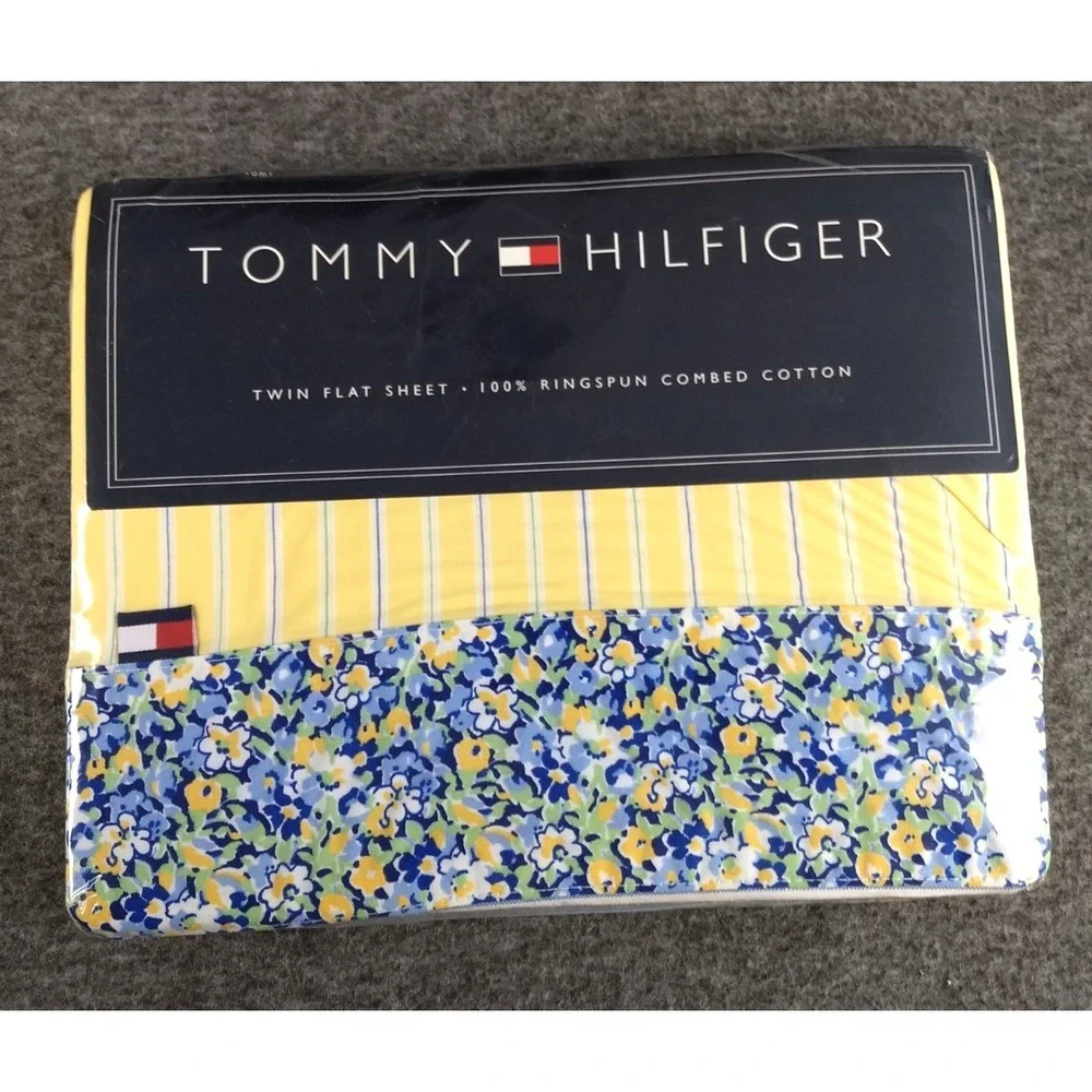 Tommy Hilfiger Twin Flat Sheet Cotton Elizabeth‎ Anne Floral Yellow Stripe NEW